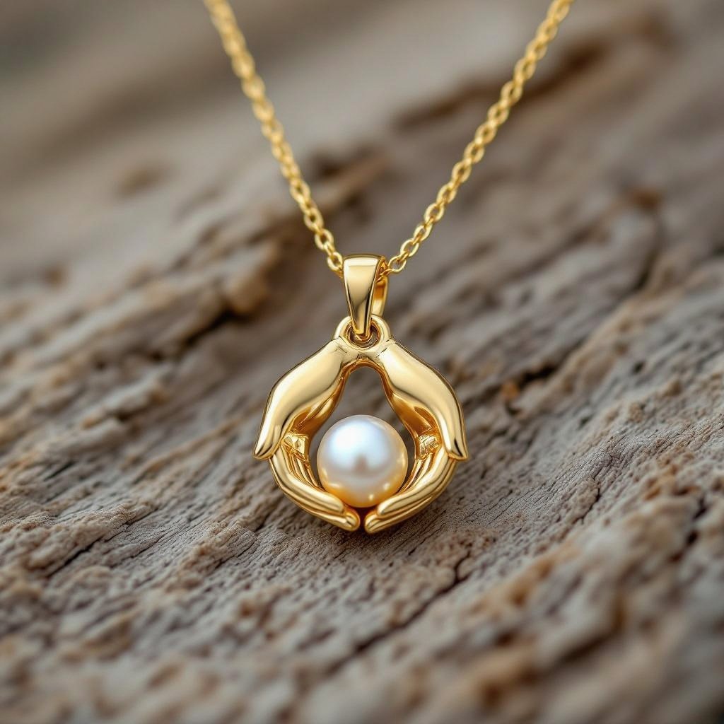 Украшение на шею золотая цепочка с подвеской в виде двух ладоней которые держат жемчужину по центру