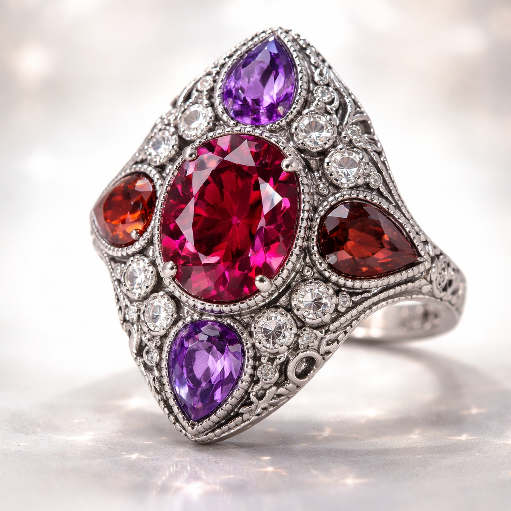 A vintage women's ring made of platinum with ruby and garnet and diamond and amethyst stones suitable for wedding