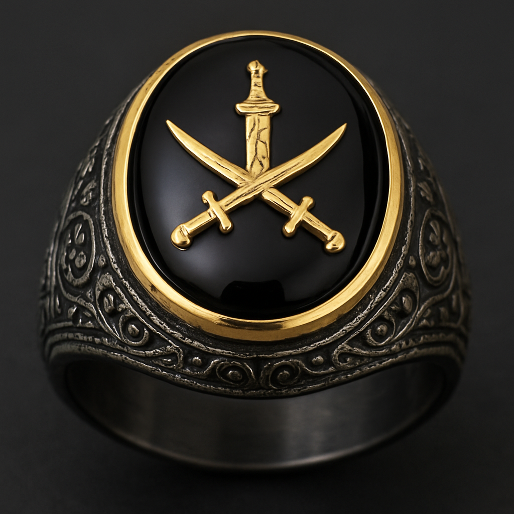 اريد خاتم سلطاني فخم اسود حجر ذاك هيبه واسود فخم وفوقه خنجر وسيفين عمانين