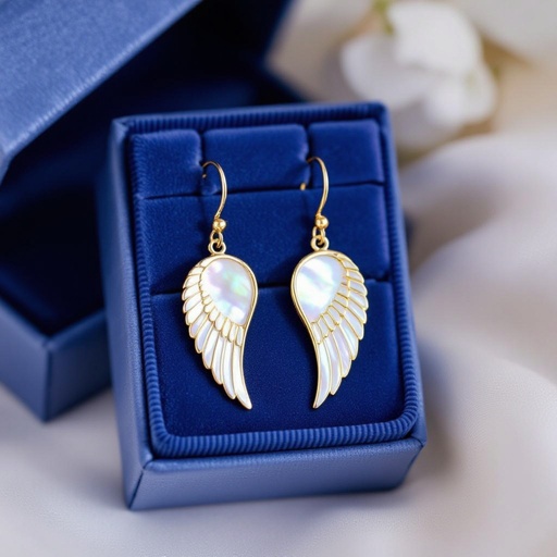 Серьги золотые в виде белого крыла ангела из перламутра 