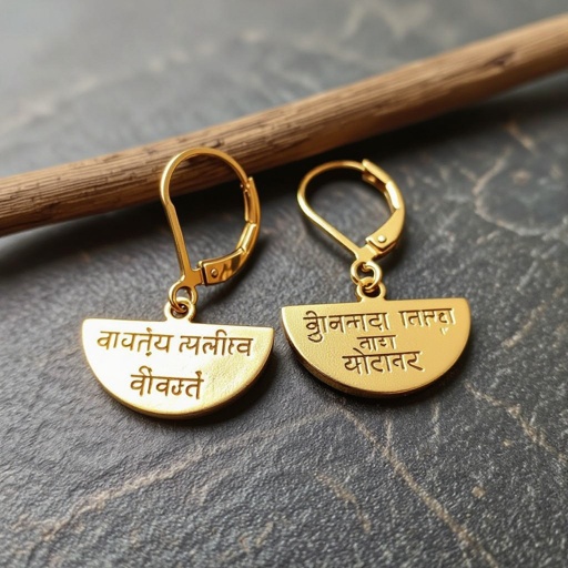 Серьги золотые в форме полукруга, полукруг как продолжение застежки, на полукруге надписи мантрами на санскрите