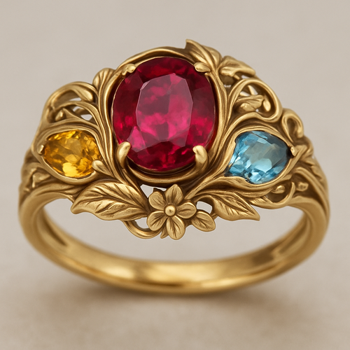 Ruby engagement ring with citrine and topaz inlays with nature themes