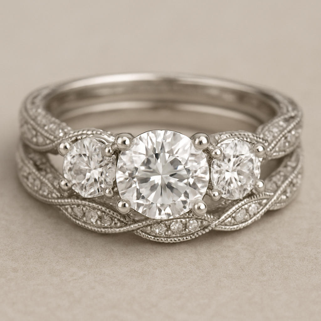 Elegant 4 carat tw 3 stone engagement ring with twisted pave band with matching wedding band