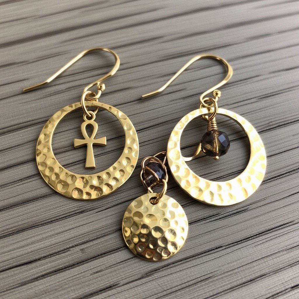 Золотые серьги словно мятое золото в форме узкого изящного полумесяца. Верхушка полумесяца крепится к застежке серьги. К нижней части полумесяца крепятся три подвески: миниатюрный золотой египетриский крест, очень маленький кристалл раухтопаза и маленький золотой кружочек с мятым эффектом плоский