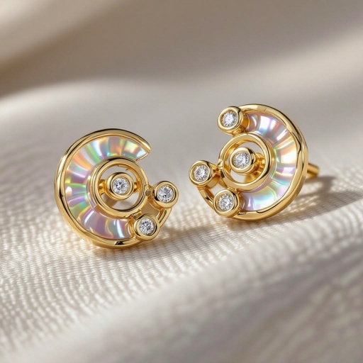 Золотые серьги в виде спиральной ракушки украшенной тремя маленькими камнями 