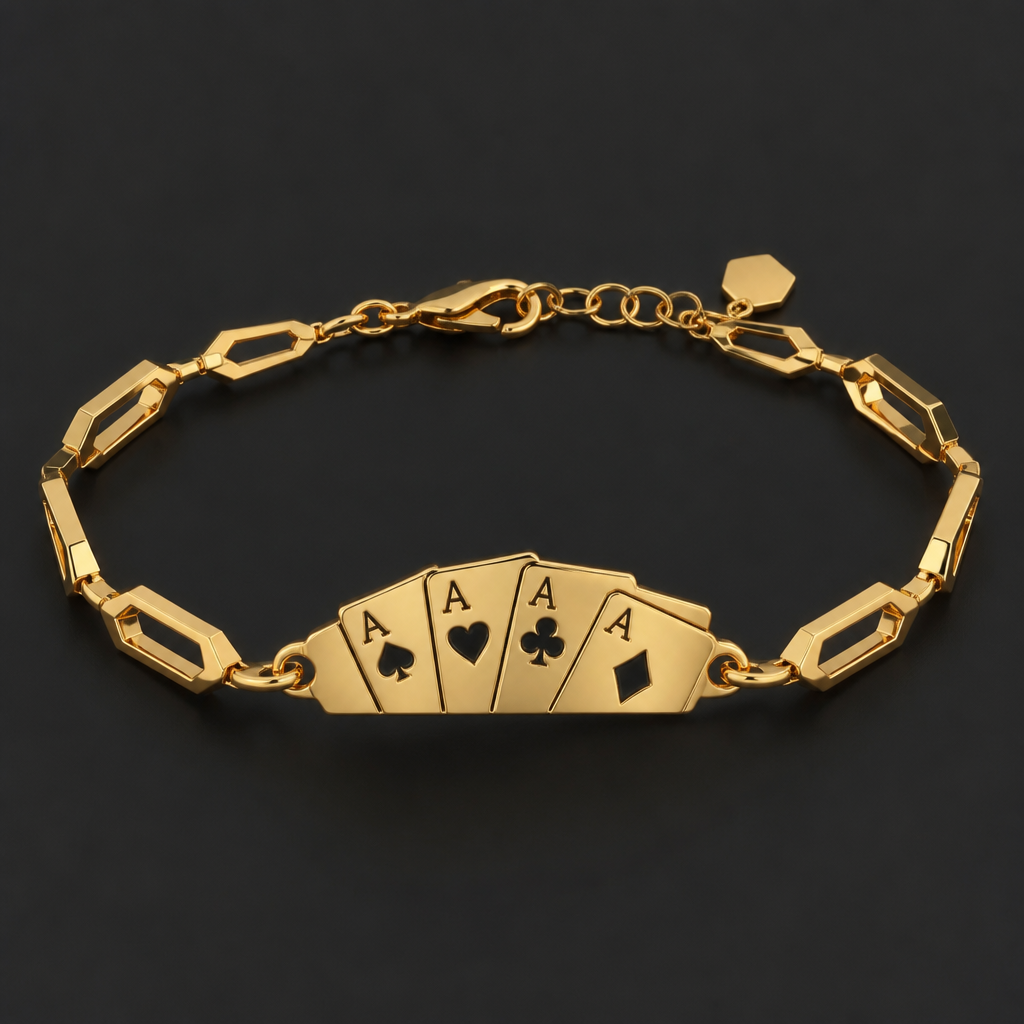 A geometric women's bracelet made of gold suitable for formal. pulsera con placa de las cartas de 4 ases de poker con las A incluidas de cada carta