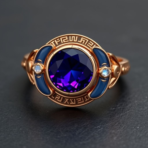 A simple rose gold engagement ring set with a circular alexandrite. Also set with a small half moon blue chalcedony on one side right next to it, and a small half moon moonstone set on the other side right next to it. On the inside of the band, it has an inscription reading, “Tuum. Et in hac vita et in altera.”