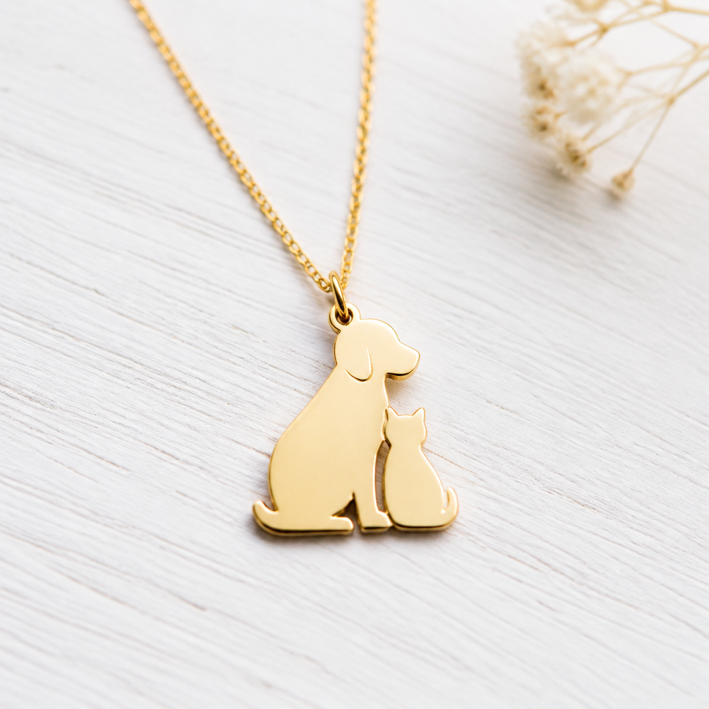 A delicate cat and dog necklace, made of alternating rose quartz and amethyst beads (8mm) arranged in a gradient pattern, with a metal spring clasp. Placed on a white wood grain background, casually scattered with a few loose raw crystals and a eucalyptus leaf. Minimalist style, soft natural light, high-end product photography.--ar 1:1 --style raw --stylize 250, hyper-realistic, 8K, jewelry macro photography
Minimalist jewelry: Minimalist pendant necklace: simple cat and dog silhouettes, gold, smooth finish. White wood background, soft light. High-end product photography.