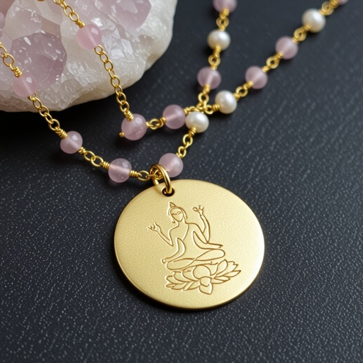 Кулон на длинной цепочке. Матовое светлое золото. В цепочке небольшие камушки розового необработанного кварца и жемчуга. Кулон в форме неровного мятого круга. На круге изображен силуэт девушки в позе лотоса нечетко