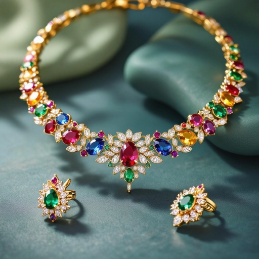 Necklace and ring and earring with luxury colorful jewel with gold