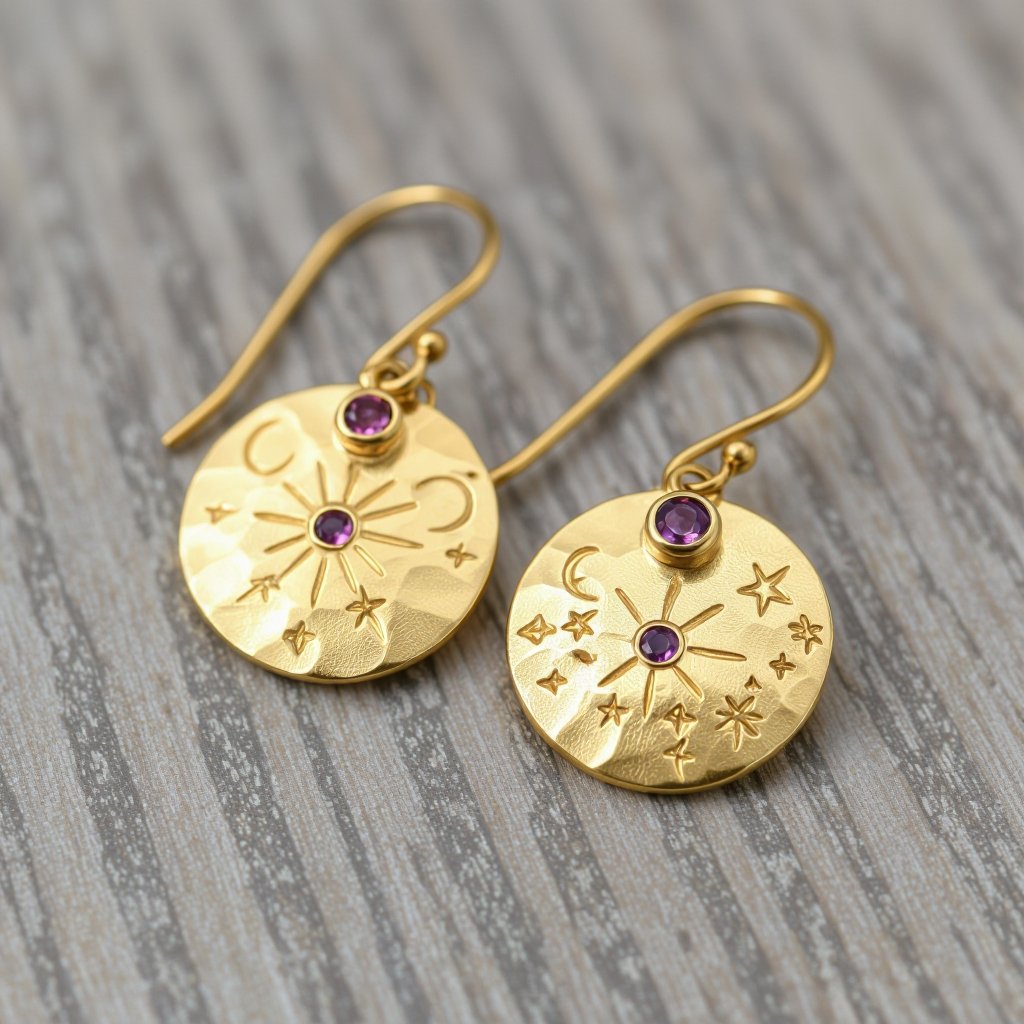 Серьги и кулон в одном стиле. Светлое матовое состаренное мятое золото. В окружности символ созвездия. Очень маленькие сиреневые камушки. 
