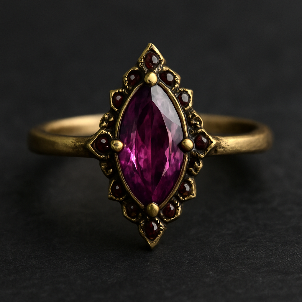 marquise cut purple/pink ruby with extra gems, and a gold ring but keep it simple