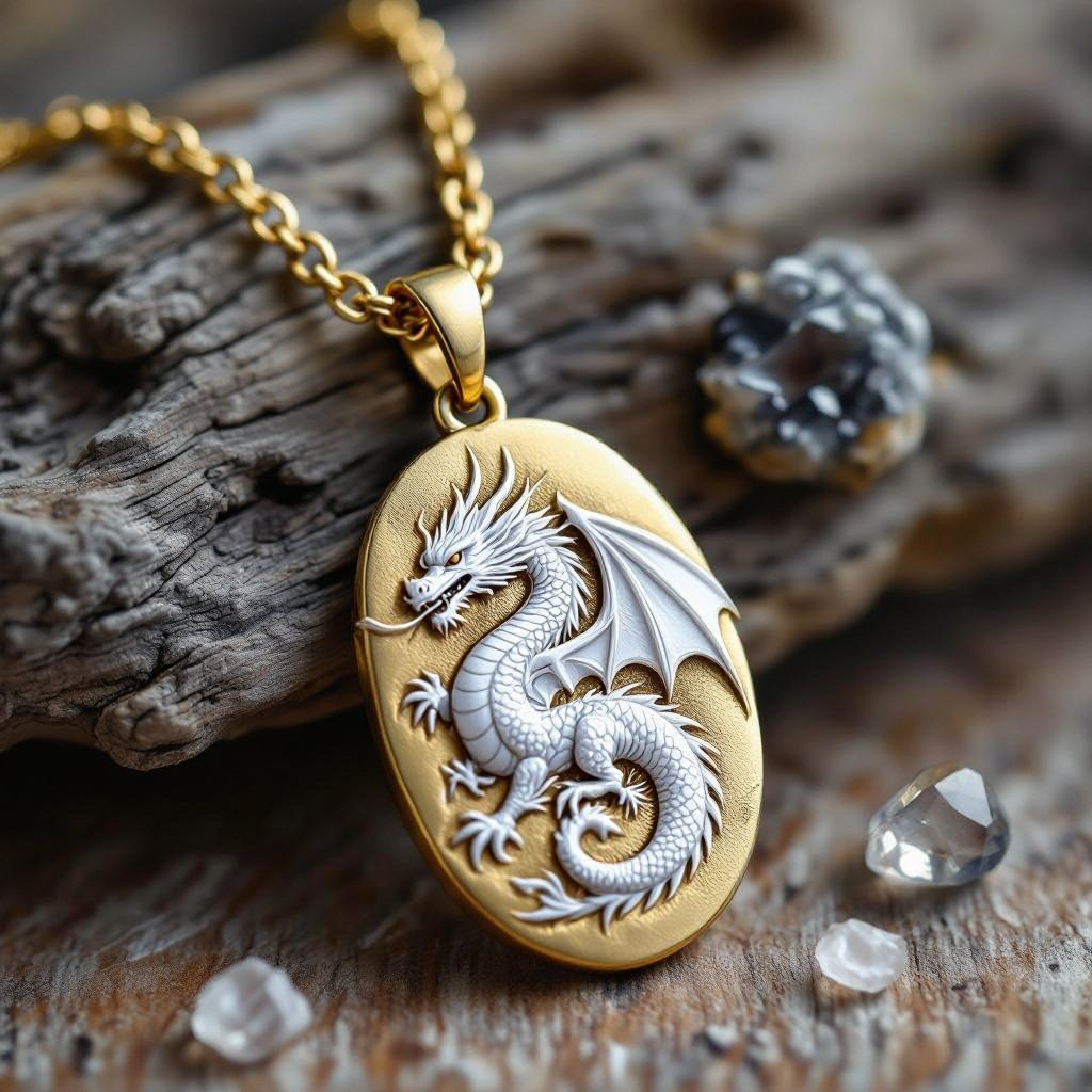 Золотой матовый состаренный кулон на цепочке с камушками, на кулоне выгравирован белый дракон узоры и камни мелкие раузтопаз