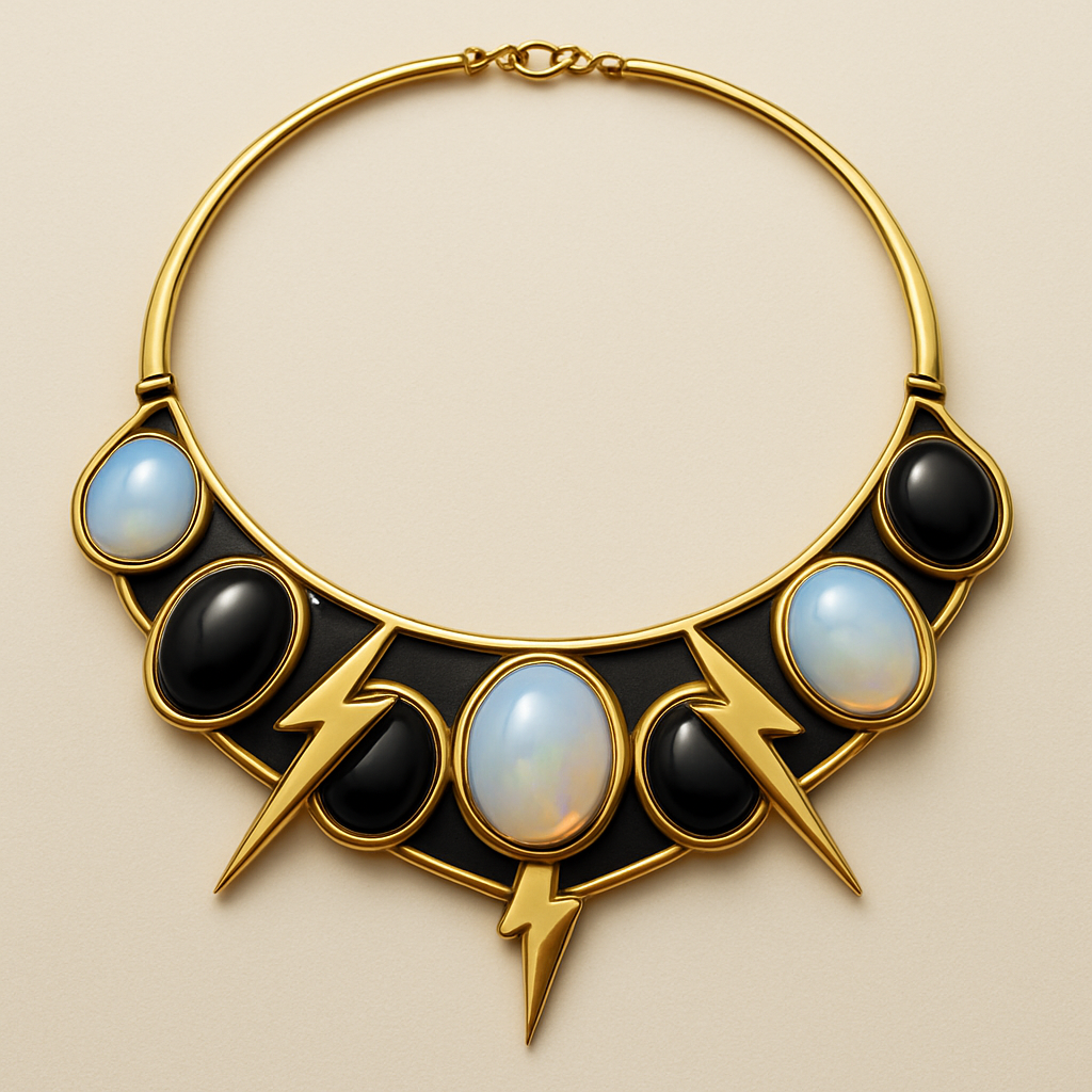 Opalite and onyx collar with gold lightening bolts