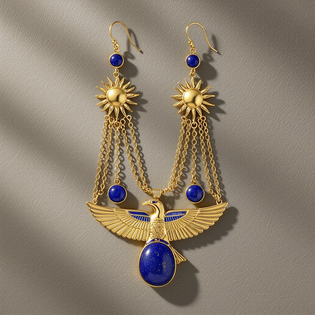 Zototy long earrings with a pendant symbolic image of the Egyptian god Ra with a bird's head symbol of the sun long chains