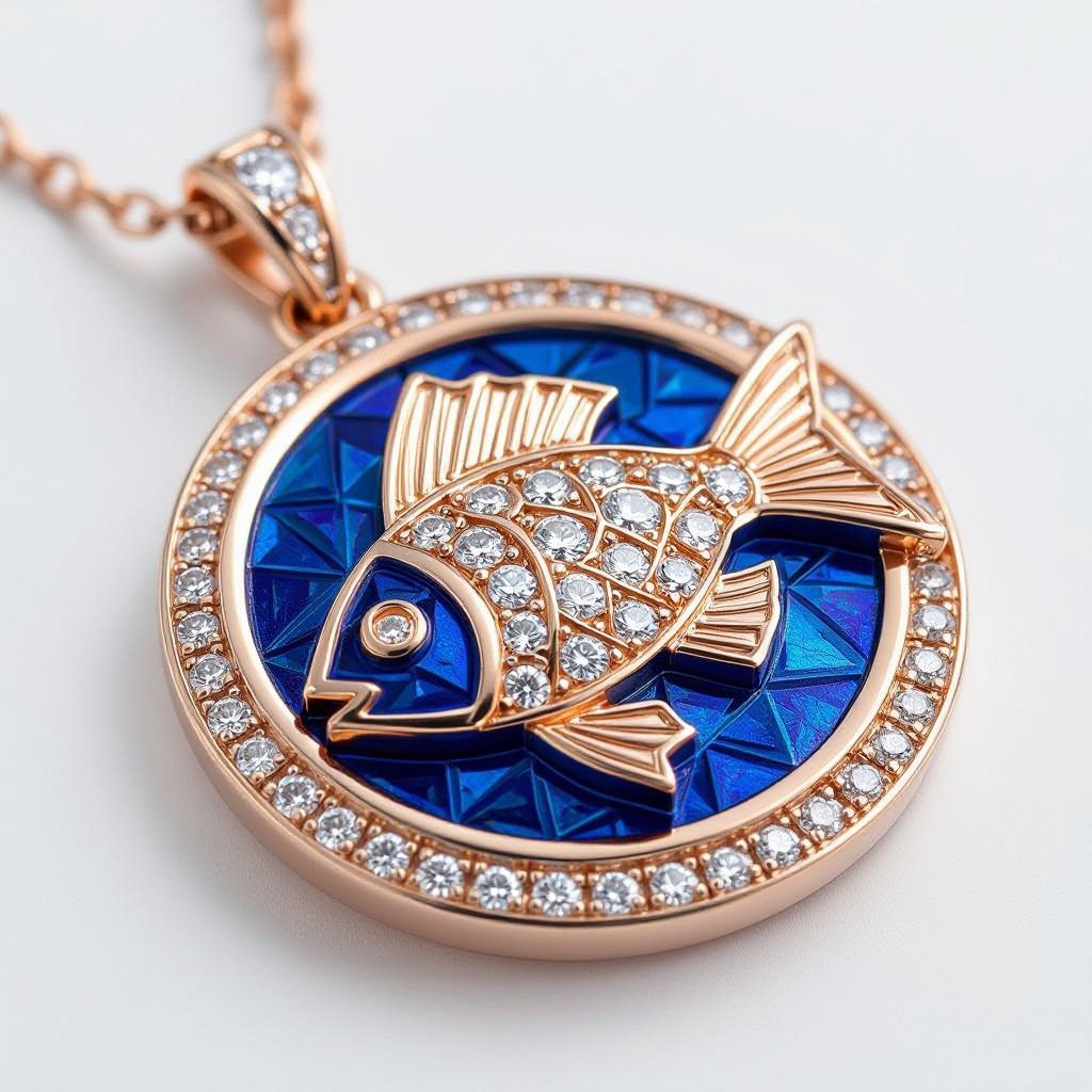 Pendant of different colors Geomatric edge of diamonds shaded of fish element in water background and vibes Rose gold , geometric diamonds, bezel set. Fish motif, blue enamel. Rose gold , geometric diamonds, bezel set. Fish motif, blue enamel.