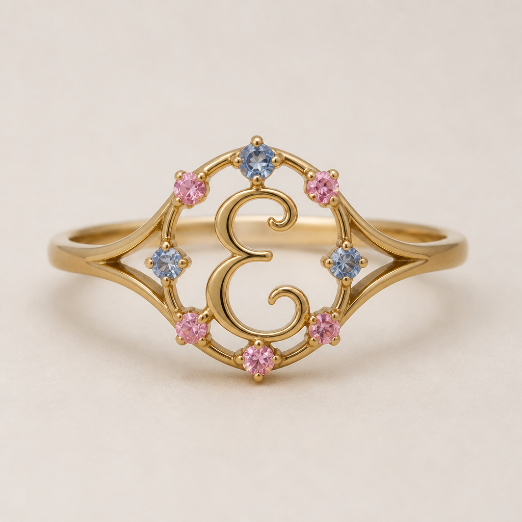 A art nouveau women's ring made of gold, ultra-minimalist, very simple and clean, understated, no embellishments. um anel de 15 anos com inicial E com pedrinhas azul e pedrinhas rosa em volta
photorealistic jewelry design, A art nouveau women's ring made of gold, ultra-minimalist, very simple and clean, understated, no embellishments. um anel de 15 anos com inicial E com pedrinhas azul e pedrinhas rosa em volta, art_nouveau style, just the design no text
