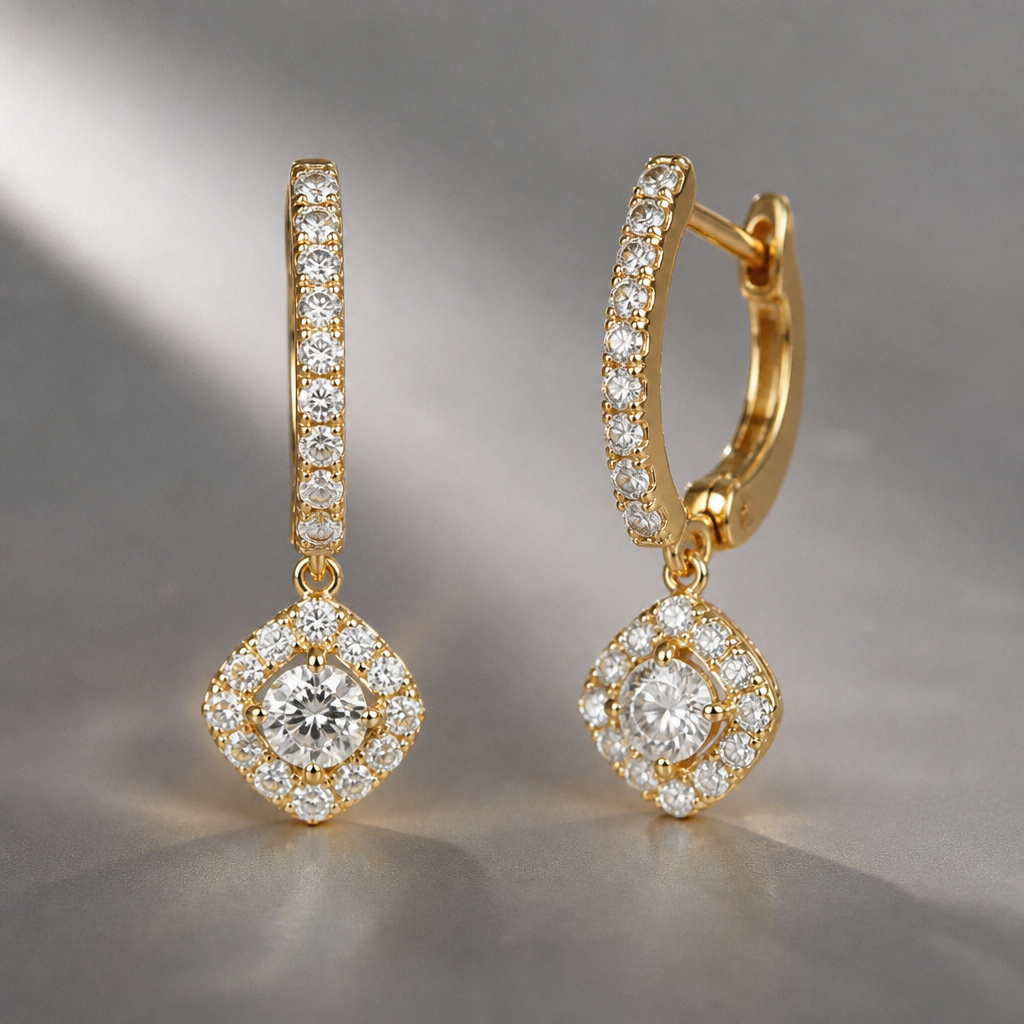 A modern women's earrings made of gold with diamond stones suitable for engagement
photorealistic jewelry design, A modern women's earrings made of gold with diamond stones suitable for engagement, modern style, just the design no text