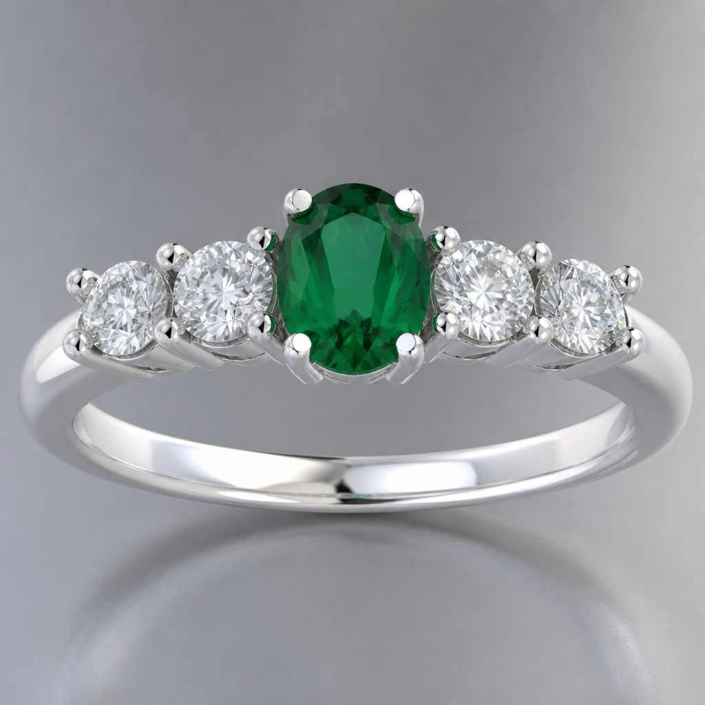A classic women's ring made of silver with emerald and diamond stones suitable for anniversary. a jwellery ha 7 diamond in round shape
photorealistic jewelry design, A classic women's ring made of silver with emerald and diamond stones suitable for anniversary. a jwellery ha 7 diamond in round shape, classic style, just the design no text