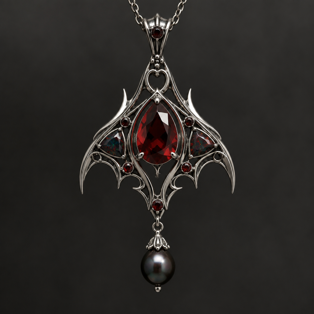 A gothic women's pendant made of silver with garnet stones. Statement piece, dark red fat pear cut, 1.2ct garnet as central piece with black pearl and trillion cut black opal accents
photorealistic jewelry design, A gothic women's pendant made of silver with garnet stones. Statement piece, dark red fat pear cut, 1.2ct garnet as central piece with black pearl and trillion cut black opal accents, gothic style, just the design no text