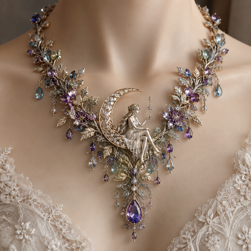 A nature-inspired women's necklace made of mixed metal with amethyst and aquamarine stones suitable for wedding, highly ornate, intricate and elaborate, richly detailed. I need this necklace to be superb with celestial moon under girl sitting on it
full nature inspired for the wedding
photorealistic jewelry design, A nature-inspired women's necklace made of mixed metal with amethyst and aquamarine stones suitable for wedding, highly ornate, intricate and elaborate, richly detailed. I need this necklace to be superb with celestial moon under girl sitting on it
full nature inspired for the wedding, nature_inspired style, just the design no text