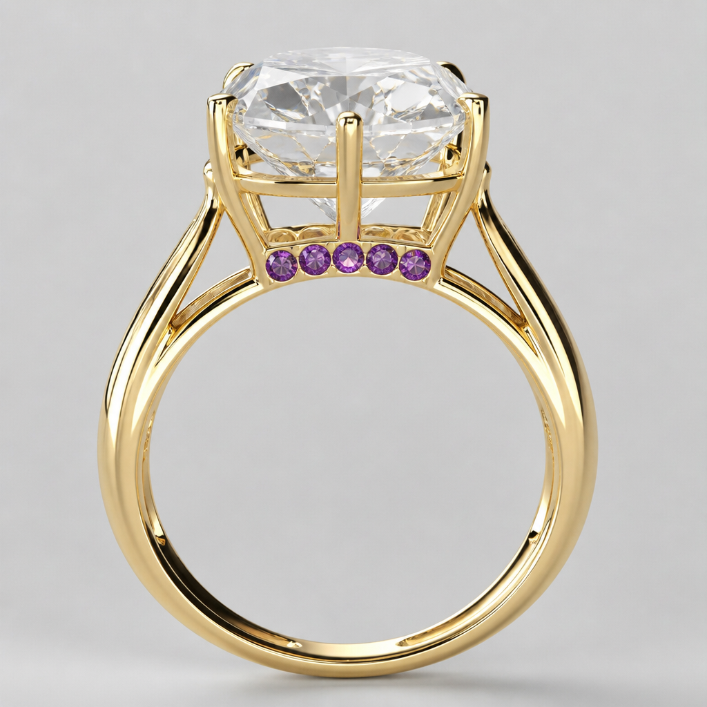 3 carat cushion, cut diamond ring
Six claw prongs with a gallery rail
Cathedral set Euro shank
Six small amethyst gems on the bridge of the band
Gold band split shank that tapers towards the bottomsplit shank that tapers towards the bottom
photorealistic jewelry design, 3 carat cushion, cut diamond ring
Six claw prongs with a gallery rail
Cathedral set Euro shank
Six small amethyst gems on the bridge of the band
Gold band split shank that tapers towards the bottomsplit shank that tapers towards the bottom, modern style, just the design no text