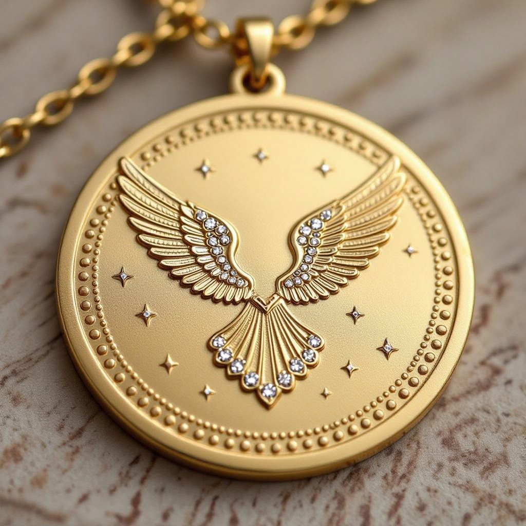 Золотой матовый медальон в форме круга с неровными краями. По краям выпуклые точки сплошной линией. На круге выгравирован ангел без фигуры, видно только крылья и украшен миниатюрными камнями