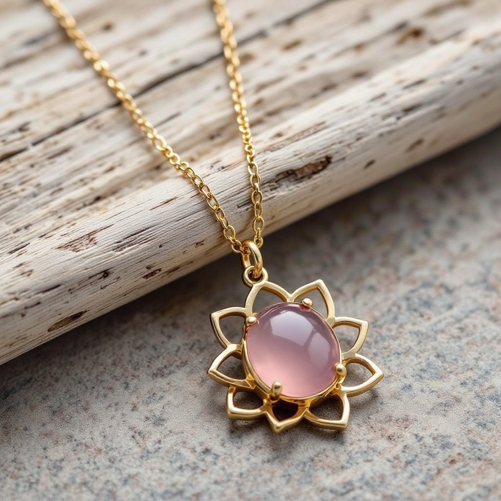 Золотая матовая цепочка. Подвеска лотос шесть лепестков не круглый . В сердце лотоса матовый розовый кварц овальный