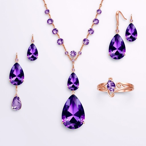 A rose gold Drop cut, 50 carat Amethyst gemstone necklace, earrings, ring, and bracelet