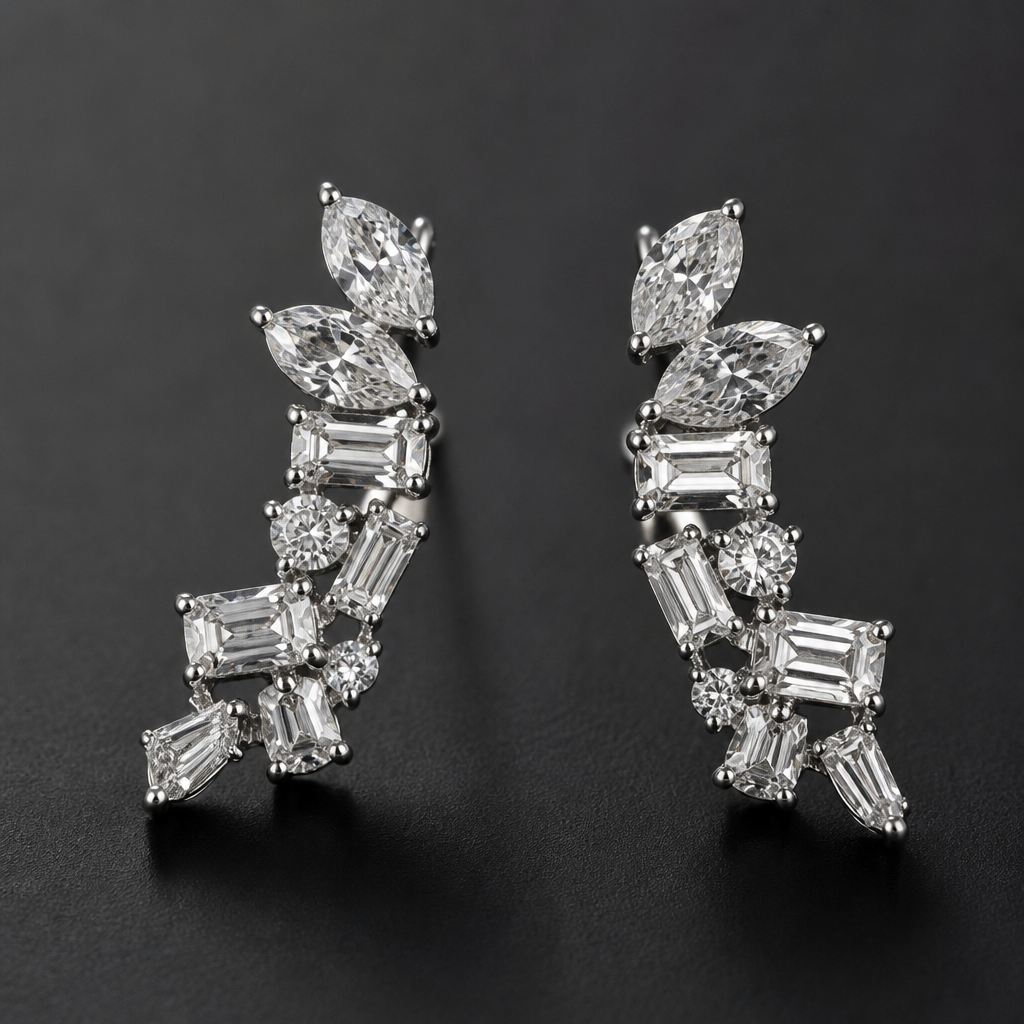 Various shape melee diamonds in earrings
photorealistic jewelry design, Various shape melee diamonds in earrings, modern style, just the design no text