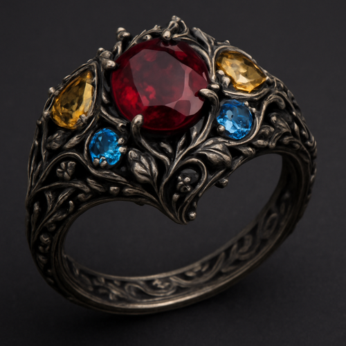 Ruby engagement ring with several citrine and topaz inlays with nature themes