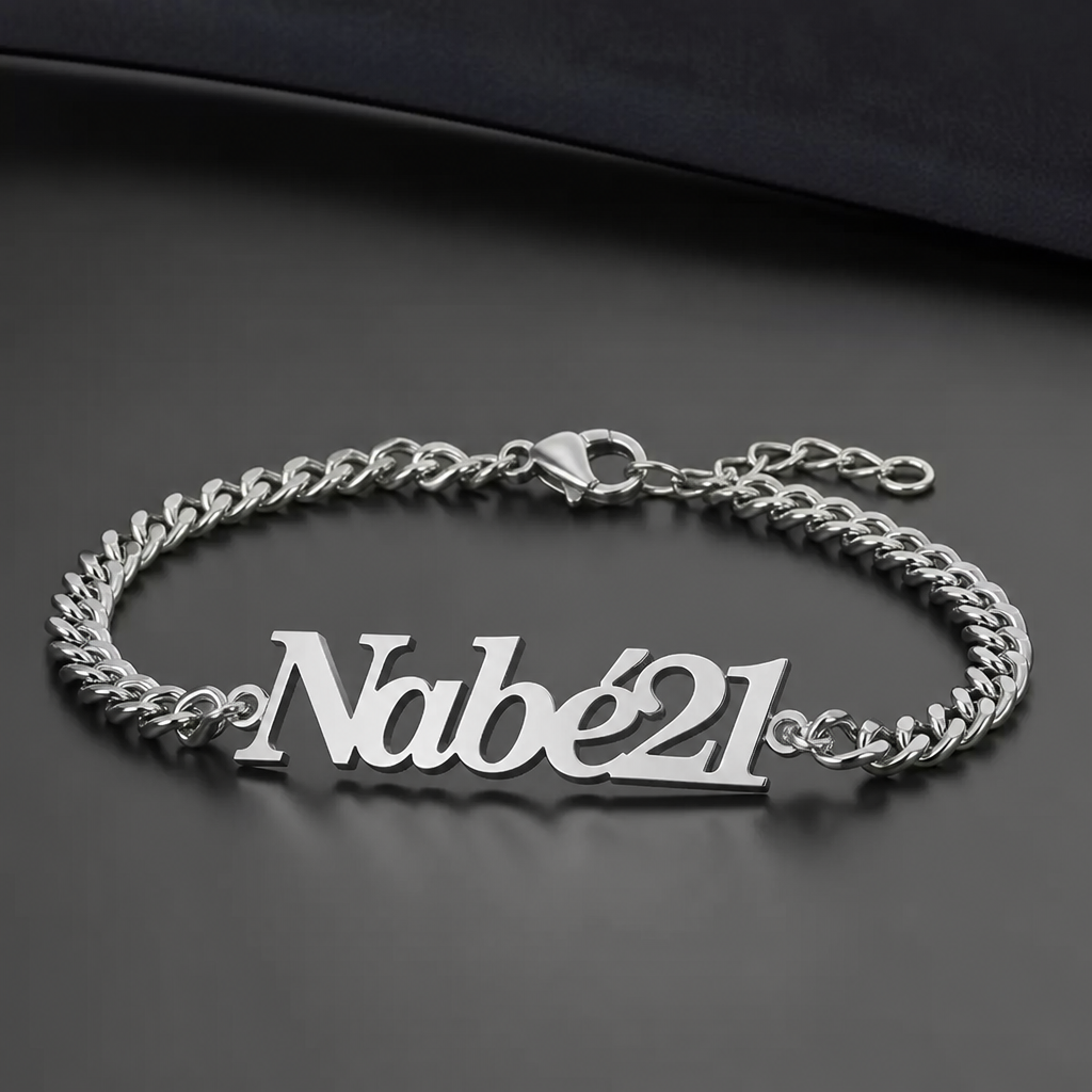Un bracelet en argent avec le nom Nabé21c’est pour mon gars mais ne met pas le de symbole juste le nom Nabé21
photorealistic jewelry design, Un bracelet en argent avec le nom Nabé21c’est pour mon gars mais ne met pas le de symbole juste le nom Nabé21, just the design no text