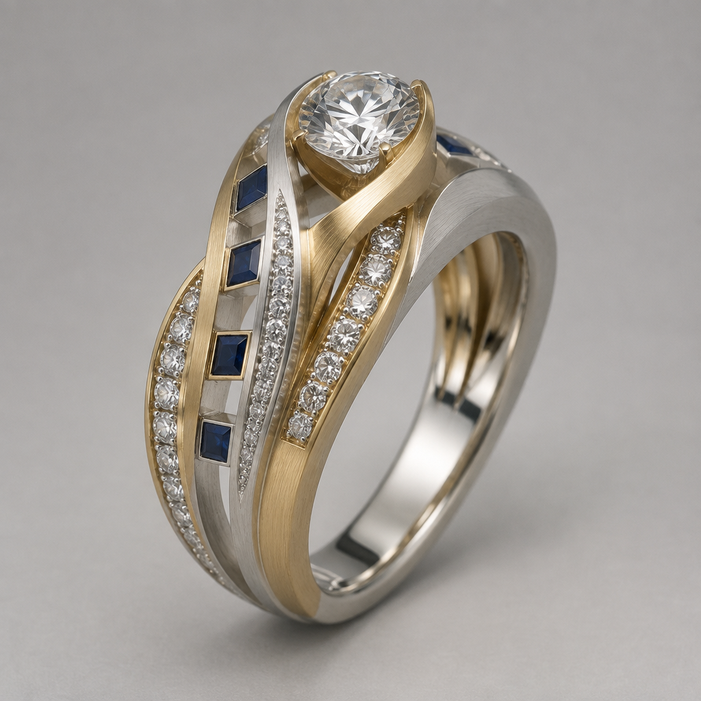 A contemporary women's ring made of mixed metal with diamond and sapphire stones. design ring using 33 .10 carat diamonds, 7 .10 carat square sapphires, and one 1.0 carat round diamond. metals should be white and yellow gold with a matte finish. do not cluster gems.
photorealistic jewelry design, A contemporary women's ring made of mixed metal with diamond and sapphire stones. design ring using 33 .10 carat diamonds, 7 .10 carat square sapphires, and one 1.0 carat round diamond. metals should be white and yellow gold with a matte finish. do not cluster gems., contemporary style, just the design no text