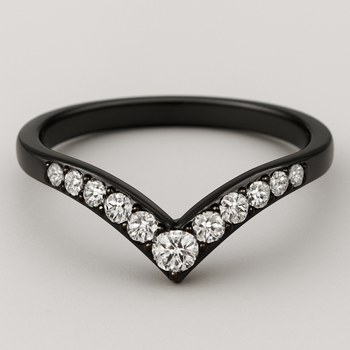 Wedding band black with moissanite stones that comes to a point in the middle 