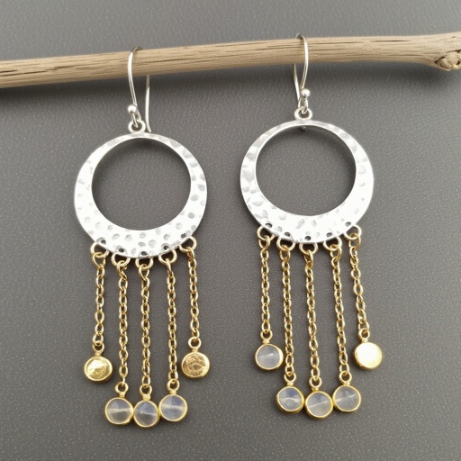 Серебряные серьги словно мятое серебро в форме полумесяца. Верхушка полумесяца крепится к застежке серьги.  От полумесяца идет три цепочки золотого цвета, у каждой на конце мелкий камушек лунный камень