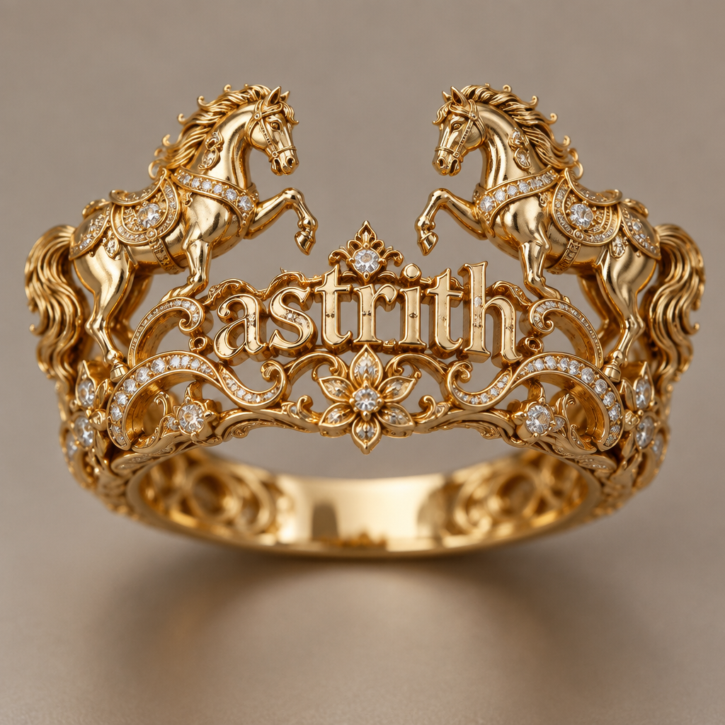 A asian-inspired women's ring made of gold with diamond stones suitable for birthday, highly ornate, intricate and elaborate, richly detailed. quiero que el anillo tenga el nombre astrith en la mitad y al final y inicio del nombre unos caballos salidos del anillo
2 anillo en 1 los caballos mirando al centro y que el caballo se le vea todo el cuerdo y sean del mismo tamaño que el nombre
photorealistic jewelry design, A asian-inspired women's ring made of gold with diamond stones suitable for birthday, highly ornate, intricate and elaborate, richly detailed. quiero que el anillo tenga el nombre astrith en la mitad y al final y inicio del nombre unos caballos salidos del anillo
2 anillo en 1 los caballos mirando al centro y que el caballo se le vea todo el cuerdo y sean del mismo tamaño que el nombre, asian_inspired style, just the design no text