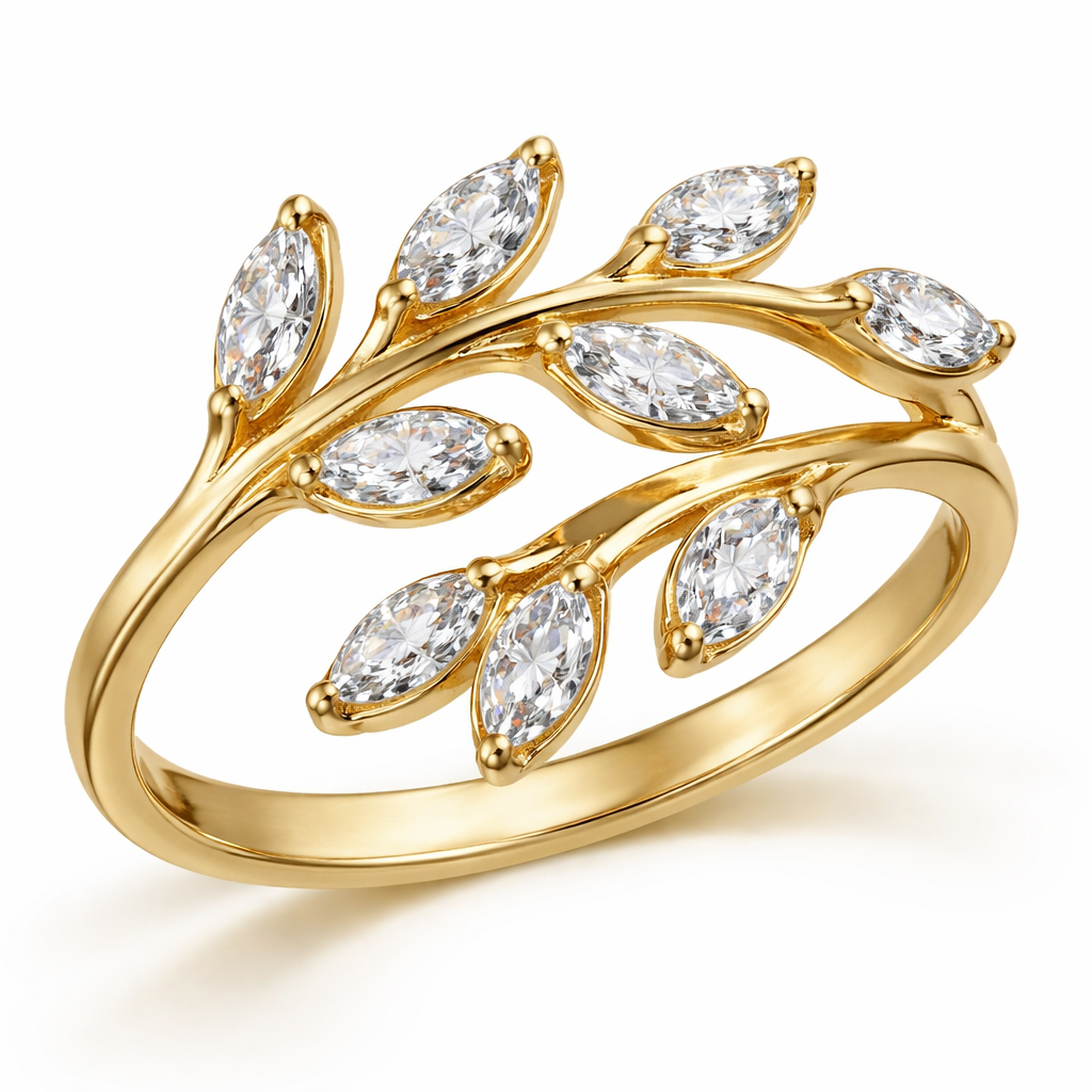 14K yellow gold olive branch ring with white sapphires as leaves