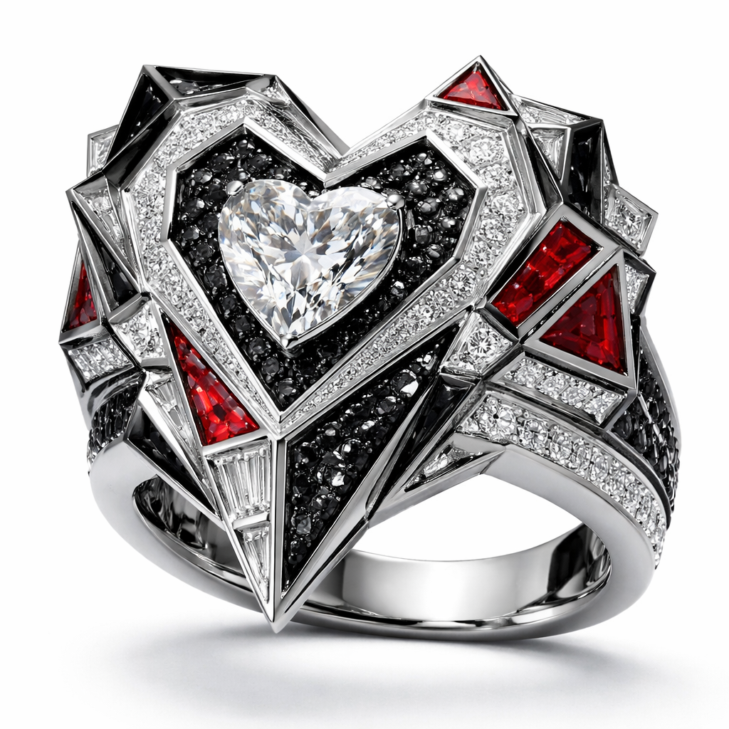 Geomatric ring of egdes and architecture shapes and bold of diamonds black and white and red of white background of edgy style and elements shape heart