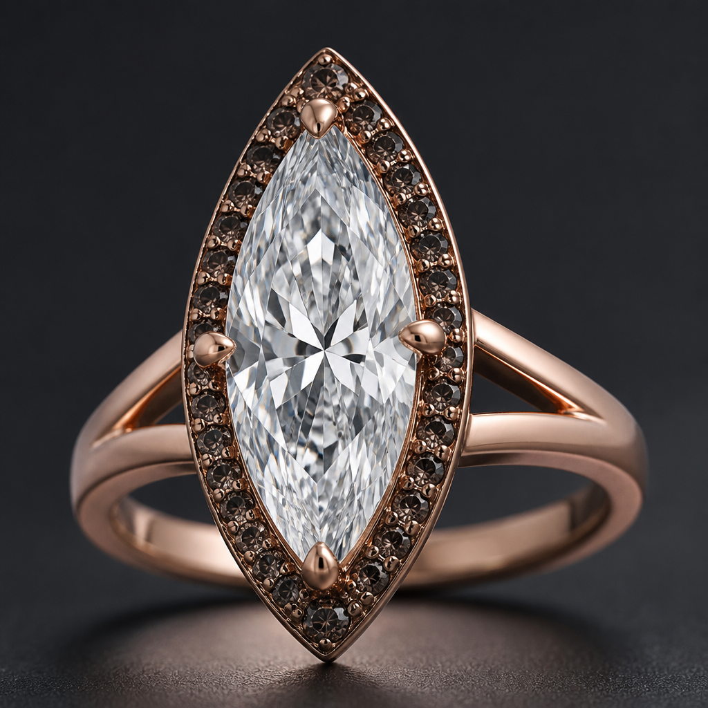 A women's ring. Marquis high setting Ring with chocolate diamonds circling it
photorealistic jewelry design, A women's ring. Marquis high setting Ring with chocolate diamonds circling it, modern style, just the design no text