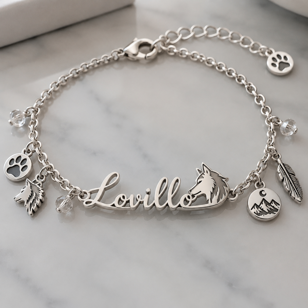 A women's bracelet made of silver suitable for gift. una pulsera con el nombre Lovillo y y con cositas de lobo
photorealistic jewelry design, A women's bracelet made of silver suitable for gift. una pulsera con el nombre Lovillo y y con cositas de lobo, modern style, just the design no text