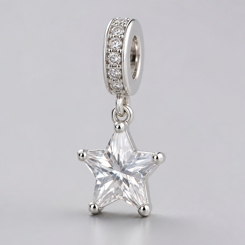 "star shaped moissanite with diamond bale pandora charm"
photorealistic jewelry design, "star shaped moissanite with diamond bale pandora charm", just the design no text