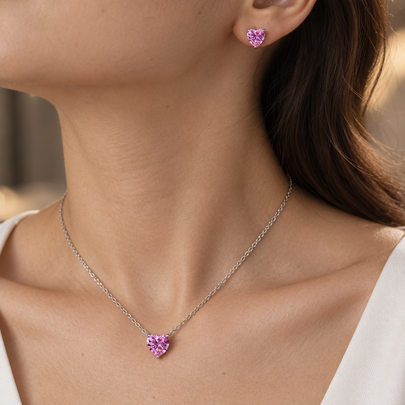 Jewelry photoshoot (worn)
Show the jewelry piece from the image worn by an elegant model in a professional editorial photograph, soft studio lighting. Reproduce the jewelry's exact design, metal, stones and details faithfully. Photorealistic, no text. Additional instructions: "Close-up editorial jewelry photo of a woman's neck, collarbone, and upper chest, cropped so the face is fully out of frame (only neck, collarbone, and chest visible). She wears a plain white top and a delicate sterling silver necklace with a clear heart-shaped cubic zirconia pendant, set in a simple four-prong setting.
METAL FINISH: the sterling silver must be rhodium-plated — bright, cool-white, and reflective with a polished mirror-like shine, not dull or matte. The metal should catch light naturally, without looking overly glossy, plastic, or artificially glowing.
STONE DETAIL: the clear heart-cut cubic zirconia stone must be sparkling and perfectly faceted with a clean heart shape, catching light realistically with natural brilliance — not flat or dull.
SKIN REALISM REQUIREMENT: skin must look completely natural and photorealistic — visible fine skin texture, natural pores, subtle imperfections, soft even tone. Avoid any smooth, plastic, airbrushed, CGI, or overly retouched look. Lighting soft and warm, casting natural gentle shadows.
STRICT SIZE REQUIREMENT: the pendant must be exactly 0.7cm height x 0.7cm width, true to real-life scale against the neck and collarbone — do not enlarge or oversize.
CHAIN AND PENDANT POSITION: fine cable chain draping naturally in a soft V-shape along the collarbone, with the heart pendant hanging centered at the lowest point of the chain, point of the heart facing down, attached by a small prong setting at the top.
"Close-up editorial jewelry photo of a woman's neck, collarbone, and upper chest, cropped so the face is fully out of frame (only neck, collarbone, ear, and chest visible). She wears a delicate sterling silver necklace with a clear heart-shaped cubic zirconia pendant and a matching heart-shaped cubic zirconia stud earring, both set in a simple four-prong setting.
METAL FINISH: the sterling silver must be rhodium-plated — bright, cool-white, and reflective with a polished mirror-like shine, not dull or matte. The metal should catch light naturally, without looking overly glossy, plastic, or artificially glowing.
STONE DETAIL: the clear heart-cut cubic zirconia stones must be sparkling and perfectly faceted with a clean heart shape, catching light realistically with natural brilliance — not flat or dull.
SKIN REALISM REQUIREMENT: skin must look completely natural and photorealistic — visible fine skin texture, natural pores, subtle imperfections, soft even tone. Avoid any smooth, plastic, airbrushed, CGI, or overly retouched look. Lighting soft and warm, casting natural gentle shadows.
STRICT SIZE REQUIREMENT: the pendant and earring must be small and delicate, true to real-life scale against the neck and ear — do not enlarge or oversize.
CHAIN AND PENDANT POSITION: fine cable chain draping naturally in a soft V-shape along the collarbone, with the heart pendant hanging centered at the lowest point of the chain, point of the heart facing down, attached by a small prong setting at the top. Earring sits naturally on the earlobe, heart pointing down.
"Close-up editorial jewelry photo of a woman's neck, collarbone, ear, and upper chest, cropped so the face is fully out of frame (only neck, collarbone, ear, and chest visible, head gently turned to reveal the ear). She wears a delicate sterling silver necklace with a clear heart-shaped cubic zirconia pendant and a matching heart-shaped cubic zirconia stud earring, both set in a simple four-prong setting.
METAL FINISH: the sterling silver must be rhodium-plated — bright, cool-white, and reflective with a polished mirror-like shine, not dull or matte. The metal should catch light naturally, without looking overly glossy, plastic, or artificially glowing.
STONE DETAIL: the clear heart-cut cubic zirconia stones must be sparkling and perfectly faceted with a clean heart shape, catching light realistically with natural brilliance — not flat or dull.
SKIN REALISM REQUIREMENT: skin must look completely natural and photorealistic — visible fine skin texture, natural pores, subtle imperfections, soft even tone. Avoid any smooth, plastic, airbrushed, CGI, or overly retouched look. Lighting soft and warm, casting natural gentle shadows.
STRICT SIZE REQUIREMENT: both pieces must be small and delicate, true to real-life scale — the necklace pendant slightly larger than the earring (matching the reference proportions), both clearly visible and sharply in focus, correctly positioned relative to the neck and ear. Do not enlarge, oversize, or distort either piece.
CHAIN AND PENDANT POSITION: fine cable chain draping naturally in a soft V-shape along the collarbone, with the heart pendant hanging centered at the lowest point of the chain, point of the heart facing down, attached by a small prong setting at the top. The stud earring sits naturally and securely on the earlobe, heart pointing down, fully visible and in focus alongside the necklace.
Background softly blurred, warm and neutral, shallow depth of field. Mood: elegant, minimal, intimate — natural high-end jewelry brand photography style, face not shown, both necklace and earring clearly and accurately rendered..