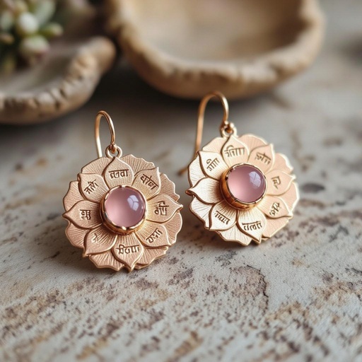 Gold-colored matte ring earrings. The diameter is 1 cm. Pendant in the form of a flat lotus with 6 petals. In the center of the lotus is a rose quartz stone. There are mantras in Sanskrit in small print on the petals.