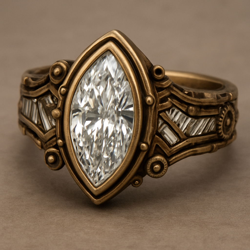 Bezel set 6 carat marquise diamond center stone with baguette diamonds in a herringbone pattern in the band