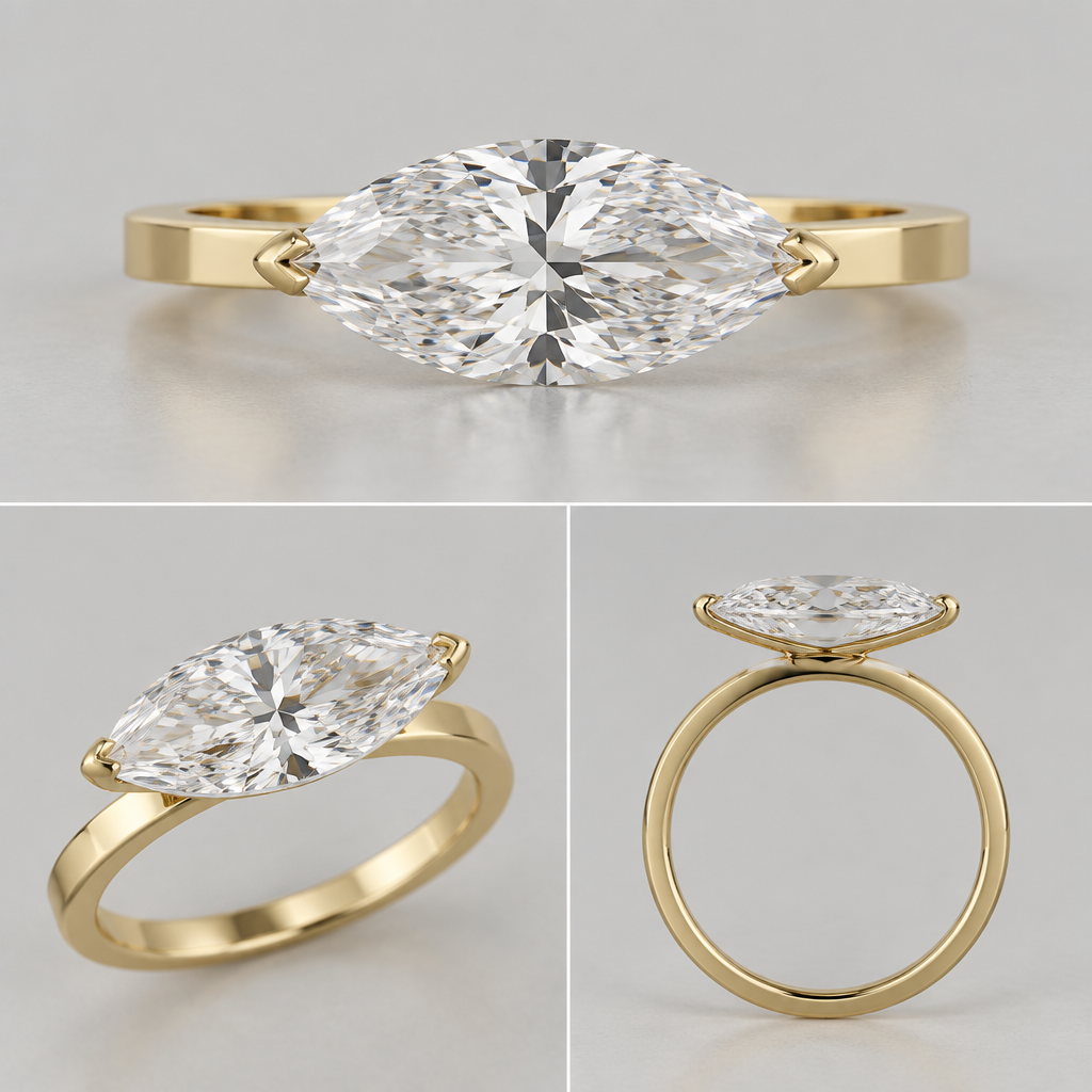 A women's ring, detailed and decorative, moderately ornate. Create a high-end minimalist solitaire ring in yellow gold using ONE 1.90 ct laboratory-grown marquise diamond, E color, VS2 clarity, measuring exactly 12.81 × 6.39 × 4.11 mm. Preserve the diamond’s exact long, narrow marquise proportions. The marquise MUST be oriented EAST–WEST/HORIZONTALLY across the finger. Never rotate it vertically.
Use a thin 2 mm flat yellow-gold band. Design an extremely minimal, low-profile “floating” setting in which the diamond appears almost completely unsupported from the top view. Use only two tiny V-shaped gold claws at the extreme marquise points, with the structural support positioned primarily UNDER the diamond and hidden beneath its girdle. Use a very thin hidden under-gallery connecting the stone to the band.
From above, the gold should very barely touch the diamond and must NOT frame or surround its sides. No curved gold crescents, no visible bezel, no bulky basket, no large prongs, no decorative shoulders, no halo, no accent diamonds. The stone should visually appear to float above a clean 2 mm flat band.
The construction must remain physically realistic and secure for everyday wear by a professional jeweler. Contemporary architectural fine jewelry, extremely clean and understated. Show top, three-quarter, and side views, with the side view clearly showing the hidden structural support and realistic connection to the band. Exactly ONE marquise diamond.
photorealistic jewelry design, A women's ring, detailed and decorative, moderately ornate. Create a high-end minimalist solitaire ring in yellow gold using ONE 1.90 ct laboratory-grown marquise diamond, E color, VS2 clarity, measuring exactly 12.81 × 6.39 × 4.11 mm. Preserve the diamond’s exact long, narrow marquise proportions. The marquise MUST be oriented EAST–WEST/HORIZONTALLY across the finger. Never rotate it vertically.
Use a thin 2 mm flat yellow-gold band. Design an extremely minimal, low-profile “floating” setting in which the diamond appears almost completely unsupported from the top view. Use only two tiny V-shaped gold claws at the extreme marquise points, with the structural support positioned primarily UNDER the diamond and hidden beneath its girdle. Use a very thin hidden under-gallery connecting the stone to the band.
From above, the gold should very barely touch the diamond and must NOT frame or surround its sides. No curved gold crescents, no visible bezel, no bulky basket, no large prongs, no decorative shoulders, no halo, no accent diamonds. The stone should visually appear to float above a clean 2 mm flat band.
The construction must remain physically realistic and secure for everyday wear by a professional jeweler. Contemporary architectural fine jewelry, extremely clean and understated. Show top, three-quarter, and side views, with the side view clearly showing the hidden structural support and realistic connection to the band. Exactly ONE marquise diamond., modern style, just the design no text
