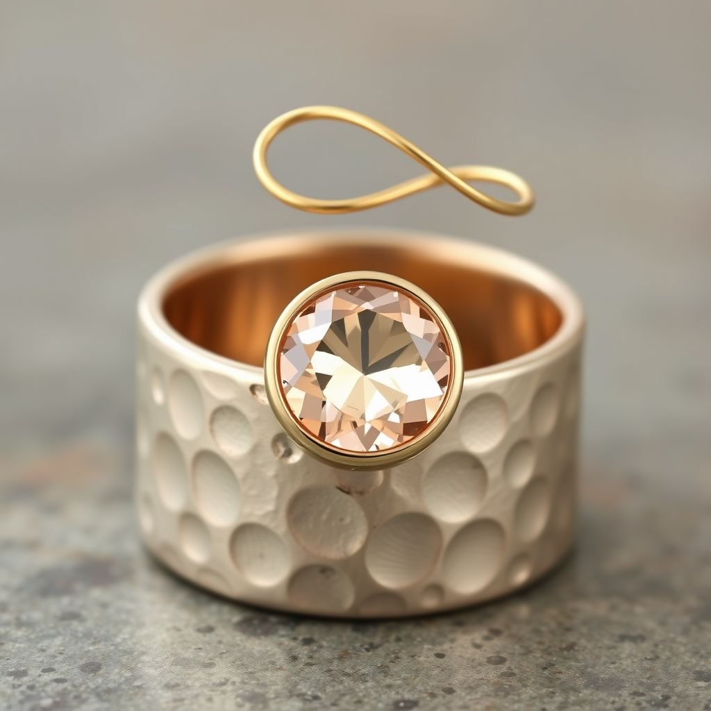 Hammered wide band ring with a twisted ring above and a morganiet stone in a closed bezel in between the 2 rings. In gold
Design a luxurious hammered wide band ring, featuring a delicate, twisting golden ring that gracefully spirals above. Nestled between these two ornate bands, a stunning morganite stone glimmers in a closed bezel, its soft peach hues reflecting warmth and elegance. The overall effect embodies contemporary sophistication with a touch of organic charm.