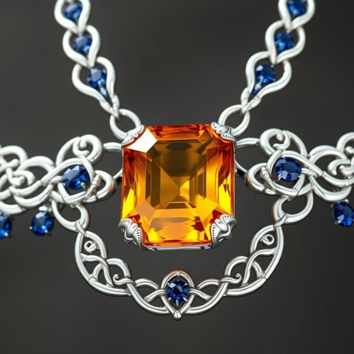 a Celtic 50 carat asscher-cut amber gemstone and Navette-cut blue sapphire gemstone, FL IF clarity necklace