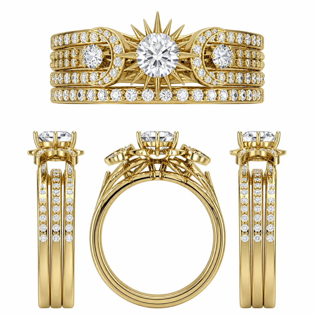 Design a very feminine diamond ring for a wedding ring and engagement multi stackable yellow, 14 carat gold that has
1 ct diamond
3 0.25 ct of diamonds
12 0.1 ct of diamonds
22 0.05 ct of diamonds
Center 1 ct diamond being the sun
3 0.25 ct being the moon
photorealistic jewelry design, Design a very feminine diamond ring for a wedding ring and engagement multi stackable yellow, 14 carat gold that has
1 ct diamond
3 0.25 ct of diamonds
12 0.1 ct of diamonds
22 0.05 ct of diamonds
Center 1 ct diamond being the sun
3 0.25 ct being the moon
, art_deco style, just the design no text