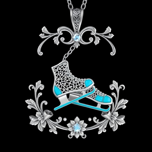 Silver pendant in the shape of ice skating blades with a turquoise stripe within the blade