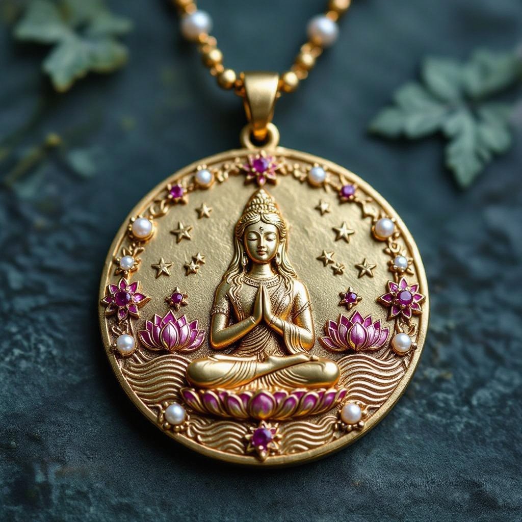 Кулон на длинной цепочке. Матовое светлое золото. В цепочке небольшие золотые шарики и розовые камушки и жемчуга. Кулон в форме неровного мятого круга. На круге изображена девушка с длинными волосами лица не видно в молитве и позе лотоса нечетко. Круг украшен лотосами звездами волнами узорами